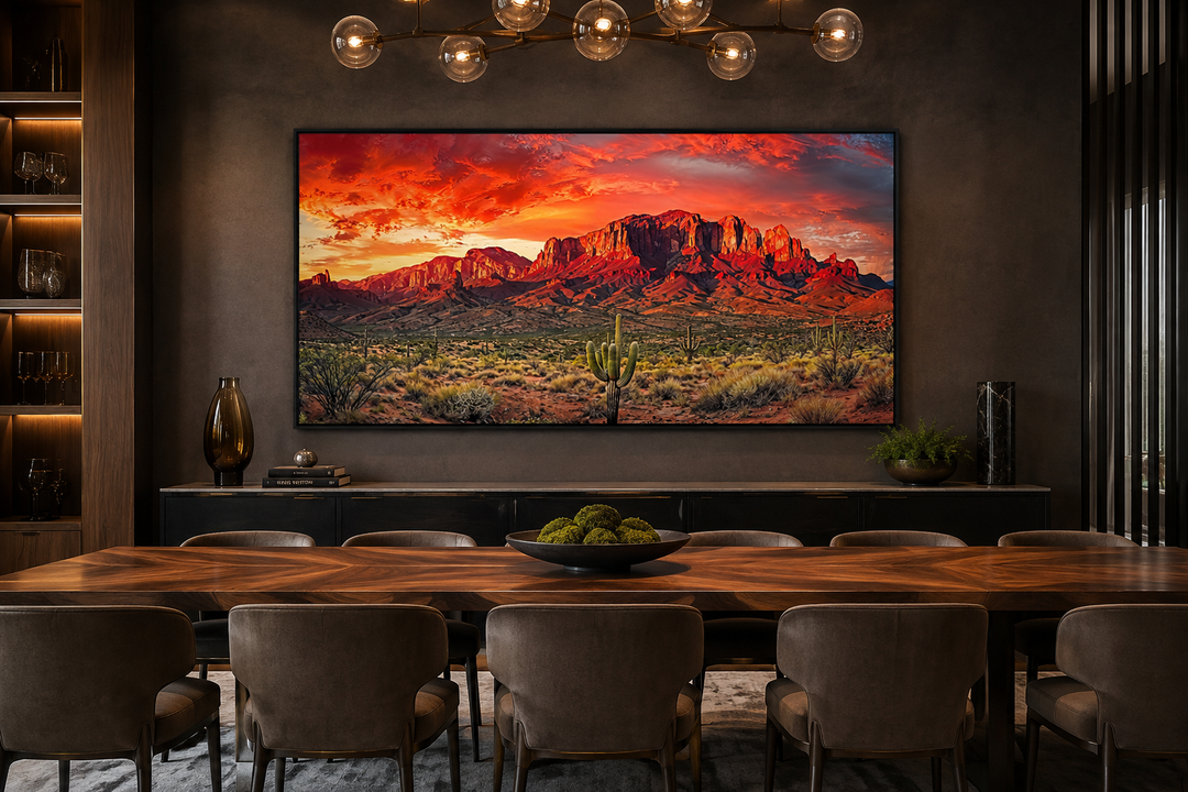 Arizona desert landscape at sunset framed canvas wall art above a dining table in a modern room.