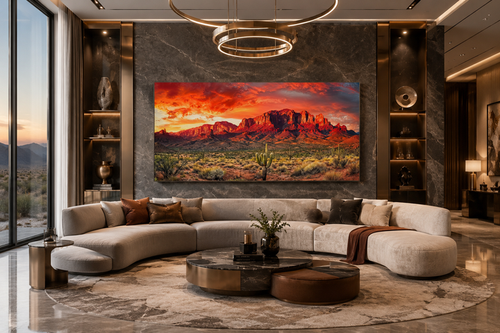 Arizona desert landscape at sunset framed canvas wall art displayed in a modern living room.