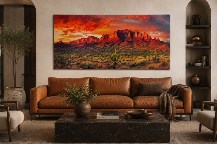 Arizona desert landscape at sunset framed canvas wall art above a brown leather sofa.