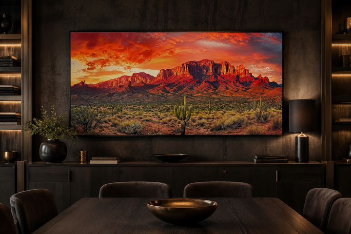 Arizona desert landscape at sunset framed canvas wall art displayed above a dark wood sideboard.