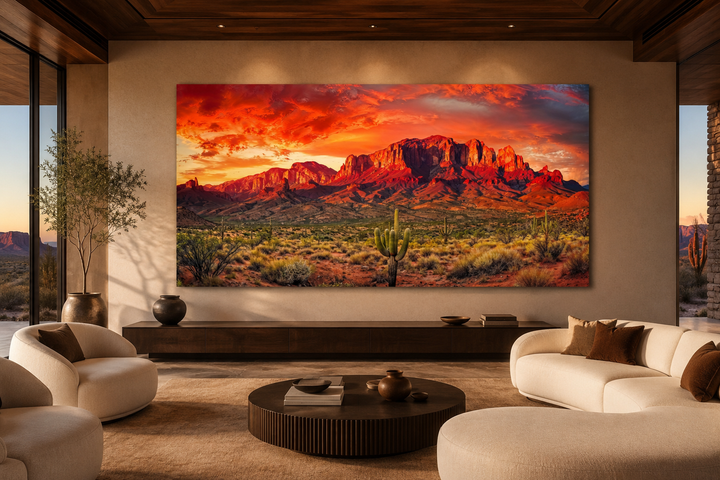 Arizona desert landscape at sunset framed canvas wall art above a console in a modern living room.