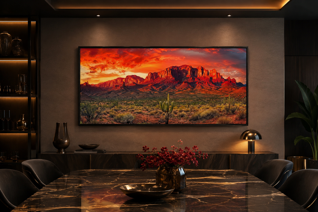 Arizona desert landscape at sunset framed canvas wall art above a dining table.