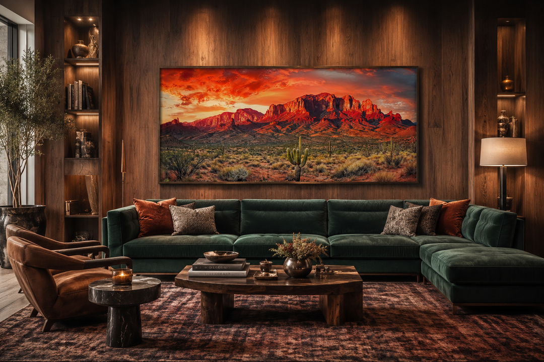 Arizona desert landscape at sunset framed canvas wall art above a green velvet sofa in a living room