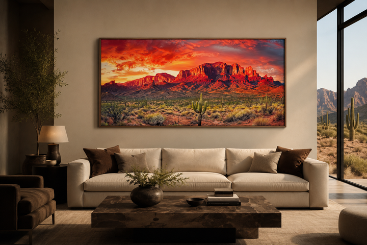 Arizona desert landscape at sunset framed canvas wall art hanging above a modern sofa.
