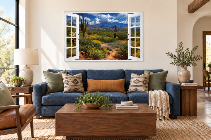 Arizona Desert and Saguaro Cactus fake window view wall art above a blue sofa in a living room.