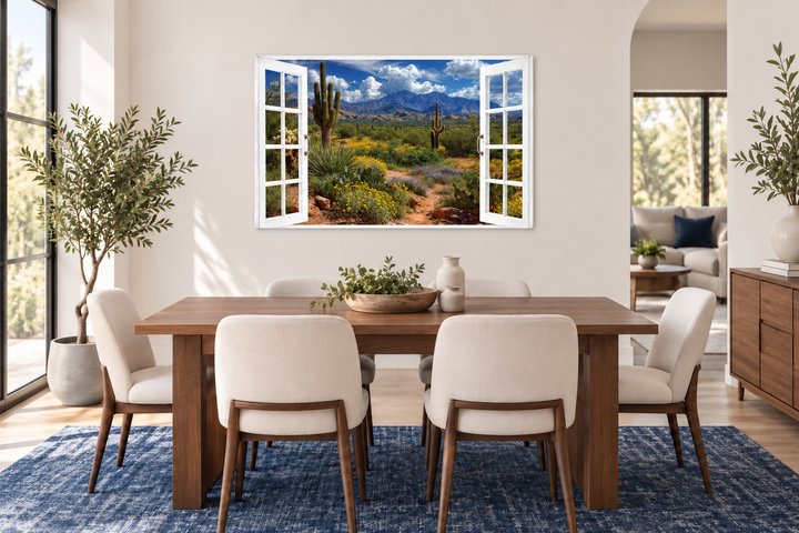 Arizona Desert and Saguaro Cactus fake window view wall art above a dining table in a modern room.