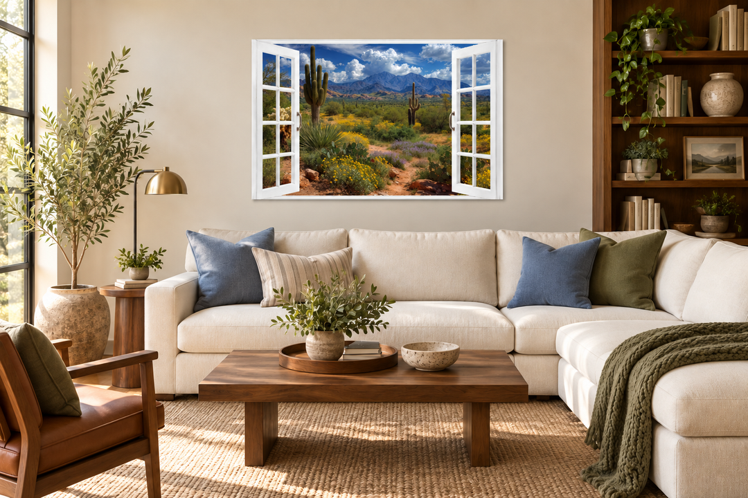 Arizona Desert and Saguaro Cactus fake window view wall art canvas print above a living room sofa.