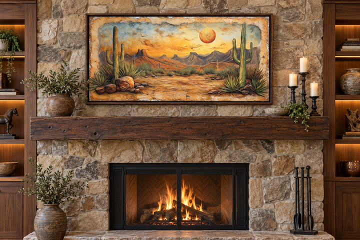 Arizona desert with cacti vintage rustic canvas wall art hanging above a stone fireplace.