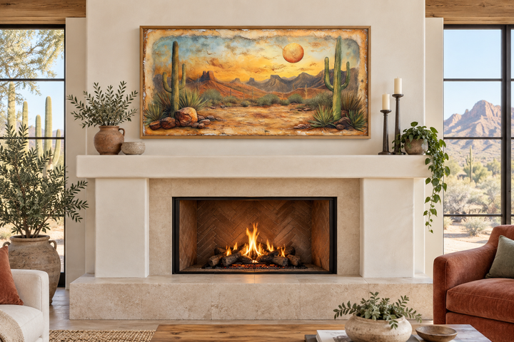 Arizona desert sunset canvas wall art with cacti and mountains above a modern fireplace.