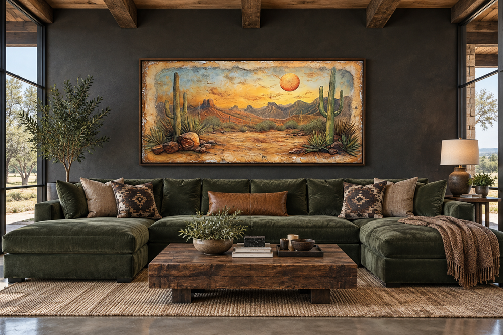 Arizona desert with cacti vintage rustic canvas wall art above a green sofa in a living room.