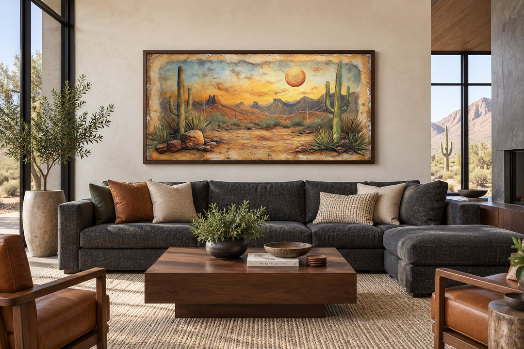 Arizona desert sunset canvas wall art with cacti and mountains above a modern living room sofa.