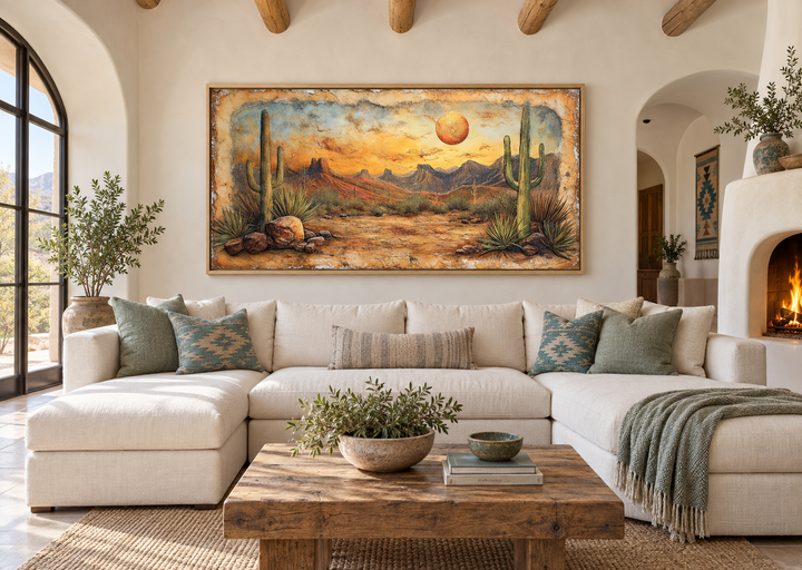 Arizona desert with cacti vintage rustic canvas wall art hanging above a white sectional sofa.