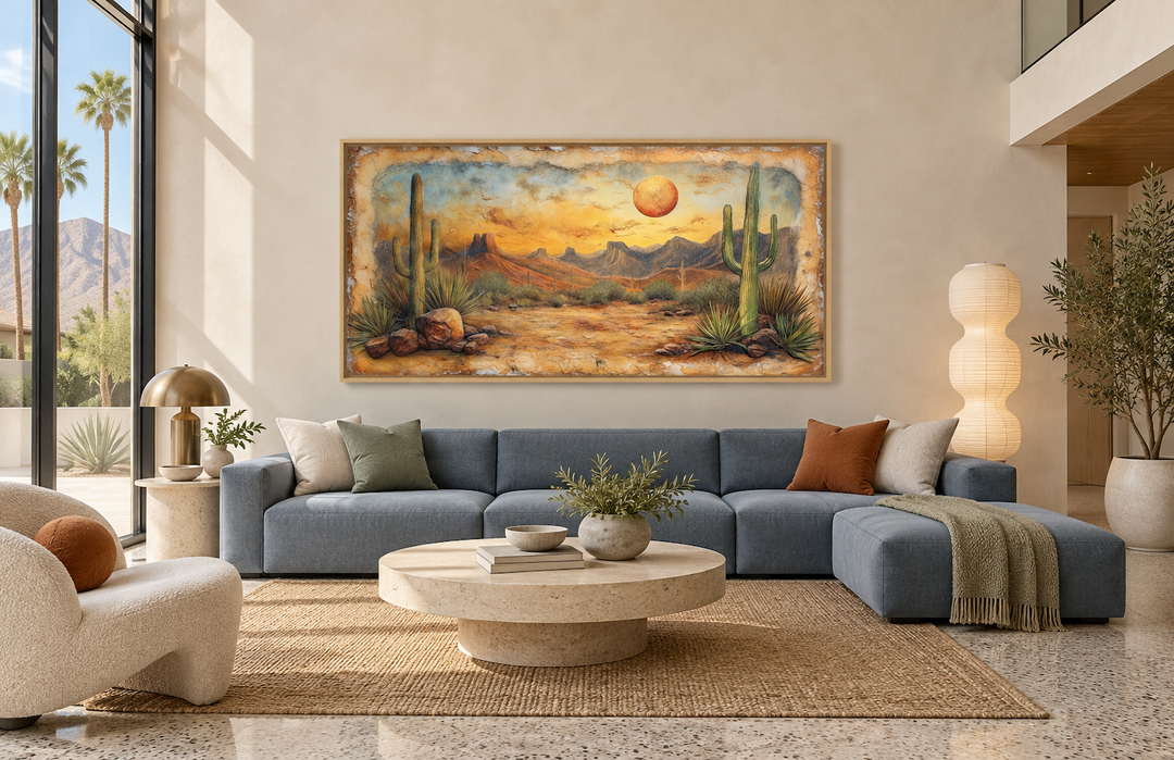 Arizona Desert With Cacti Vintage Rustic Canvas Wall Art hanging above a blue sofa in a living room.
