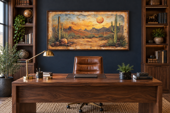 Arizona Desert With Cacti Vintage Rustic Canvas Wall Art displayed in a home office setting.