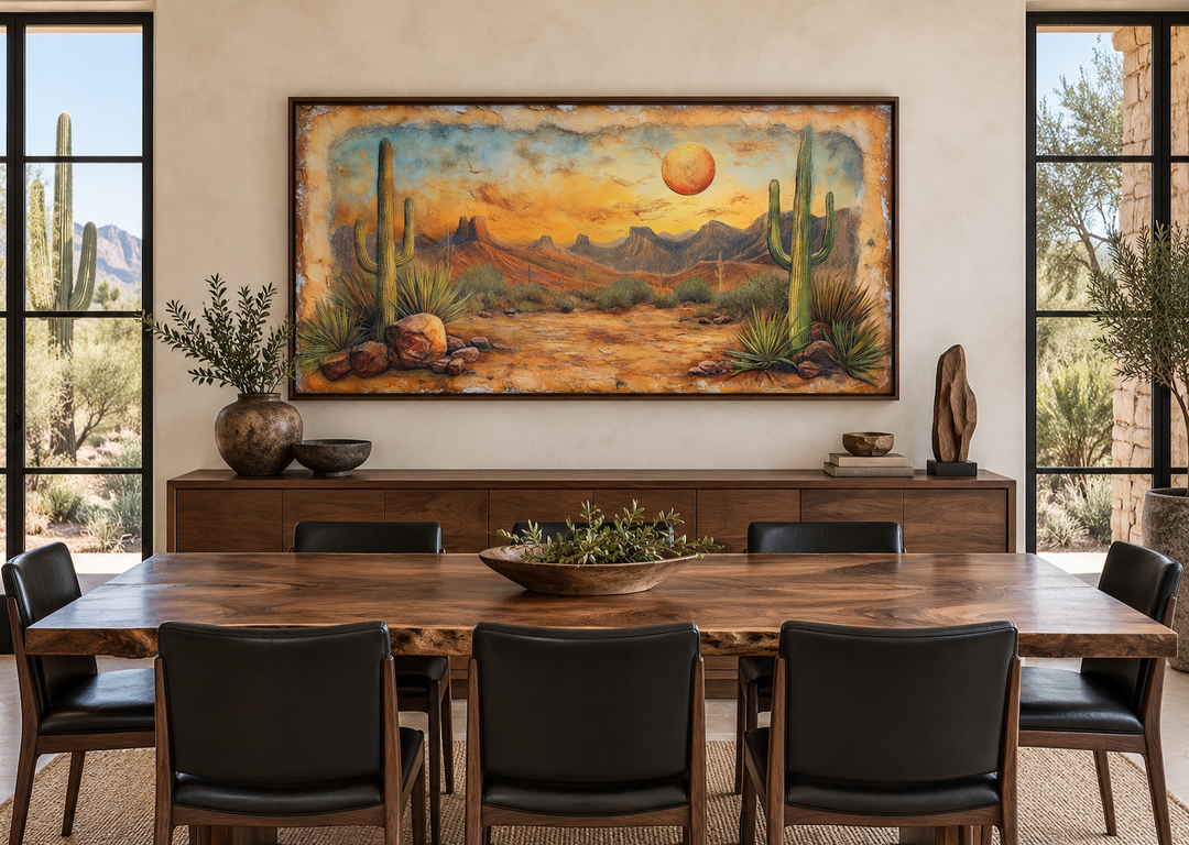 Arizona desert with cacti vintage rustic canvas wall art above a wooden dining table.