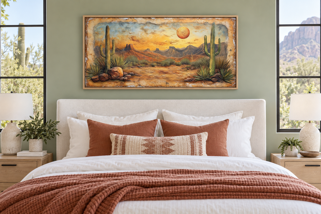 Arizona desert with cacti vintage rustic canvas wall art hanging above a bed in a bedroom.