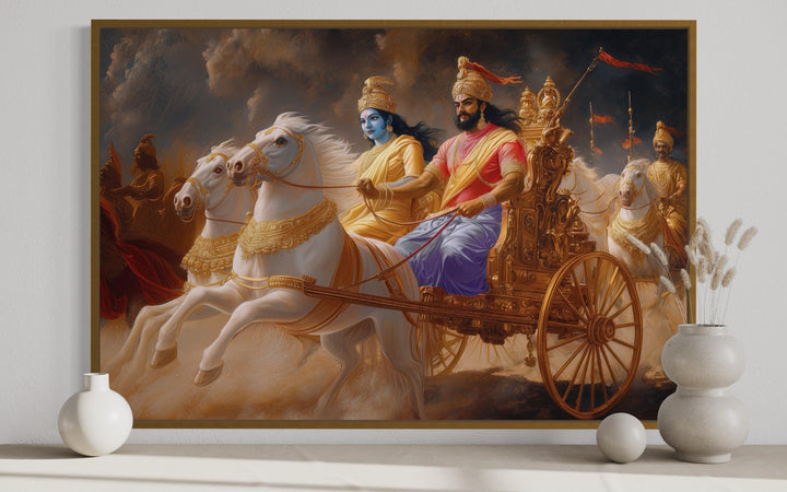 Arjuna and Krishna on a Golden War Chariot Mahabharata Framed Canvas Wall Art