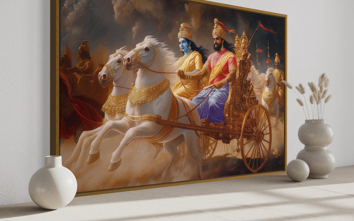 Arjuna and Krishna on a Golden War Chariot Mahabharata Framed Canvas Wall Art