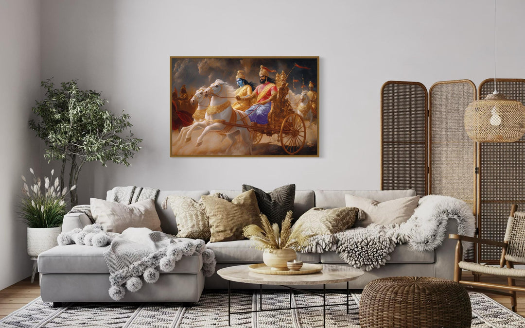 Arjuna and Krishna on a Golden War Chariot Mahabharata Framed Canvas Wall Art