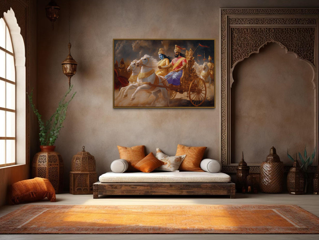 Arjuna and Krishna on a Golden War Chariot Mahabharata Framed Canvas Wall Art