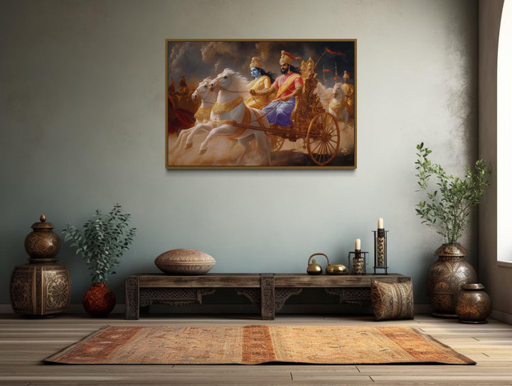 Arjuna and Krishna on a Golden War Chariot Mahabharata Framed Canvas Wall Art