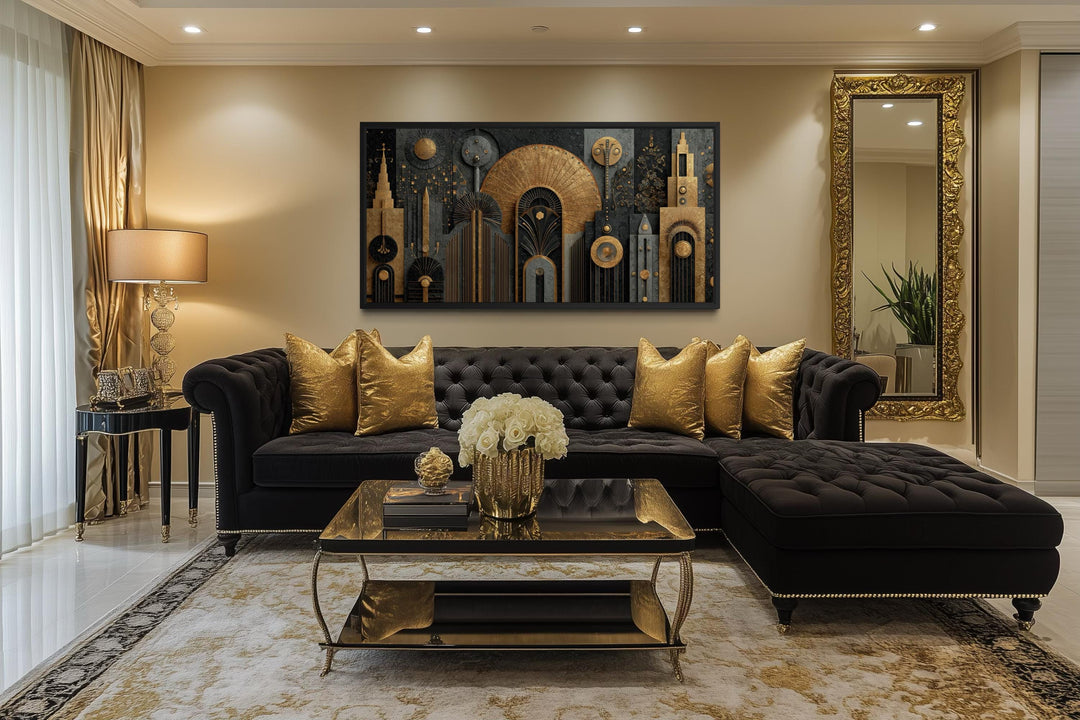 Art Deco cityscape wall art featuring a black and gold geometric skyline canvas print.