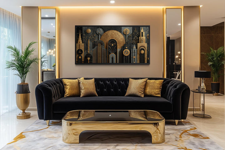 Art Deco cityscape wall art featuring a black and gold geometric skyline canvas print.