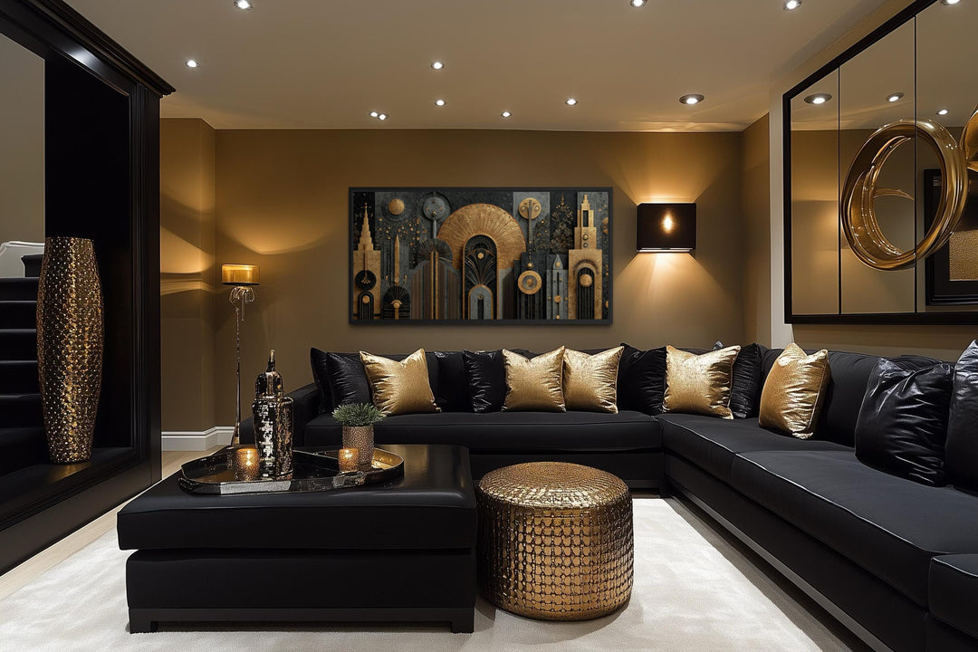 Art Deco cityscape wall art featuring a black and gold geometric skyline on a canvas print.