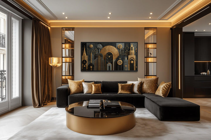 Art Deco cityscape wall art featuring a black and gold geometric skyline canvas print.