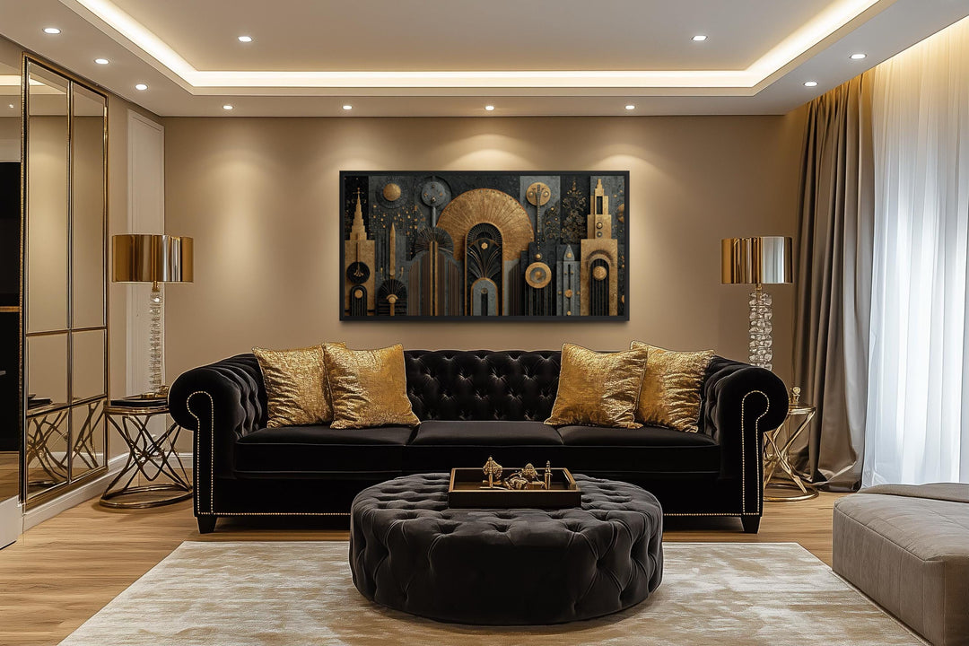 Art Deco cityscape wall art featuring a black and gold geometric skyline canvas print.