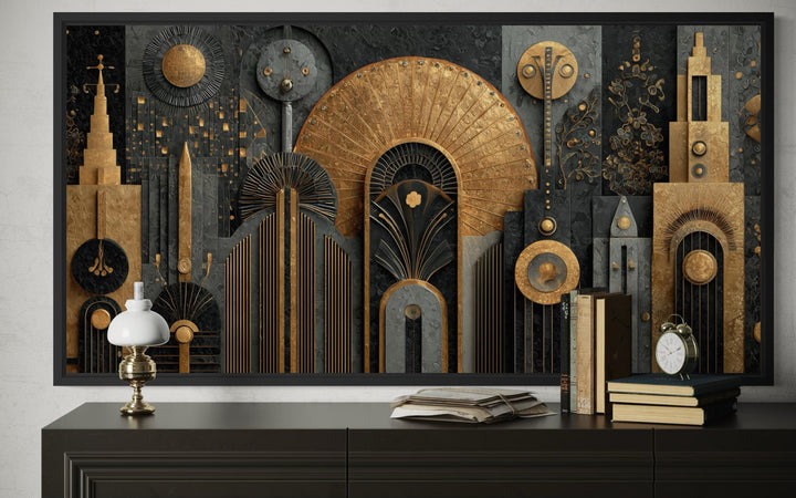 Art Deco cityscape wall art featuring a black and gold geometric skyline in a black frame.
