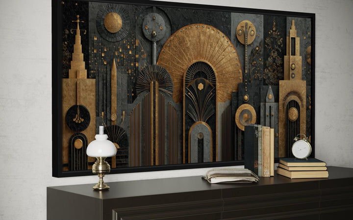 Art Deco cityscape wall art featuring a black and gold geometric skyline canvas print.