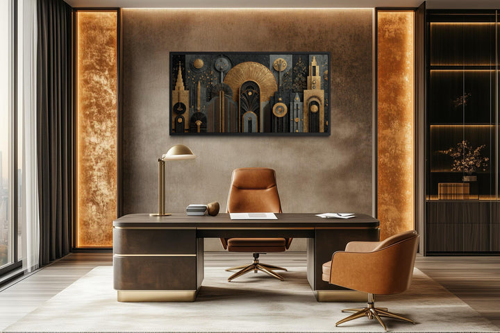 Art Deco cityscape canvas print with a black and gold geometric skyline in a modern office.