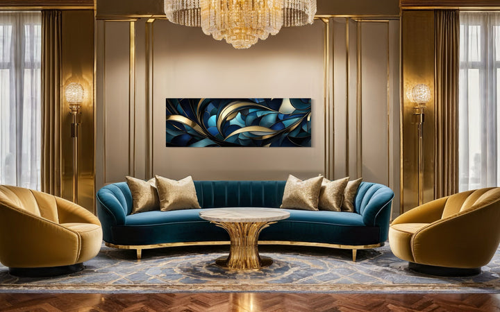 Art Deco Long Horizontal Blue Gold Framed Canvas Wall Art