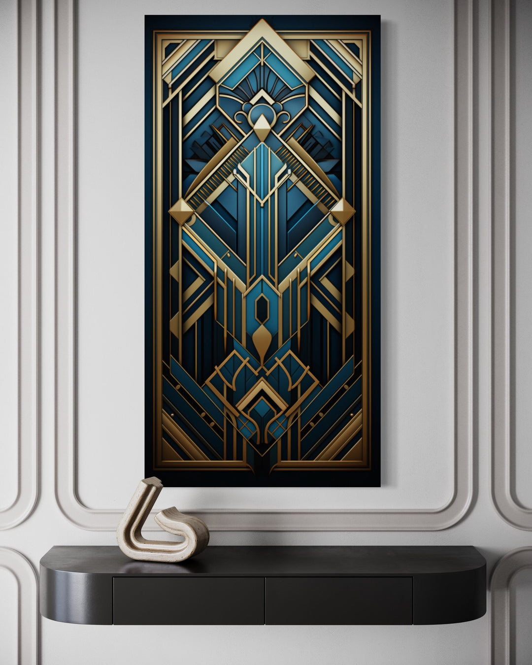 Art Deco Pattern Navy Blue Gold Long Vertical Canvas Wall Art