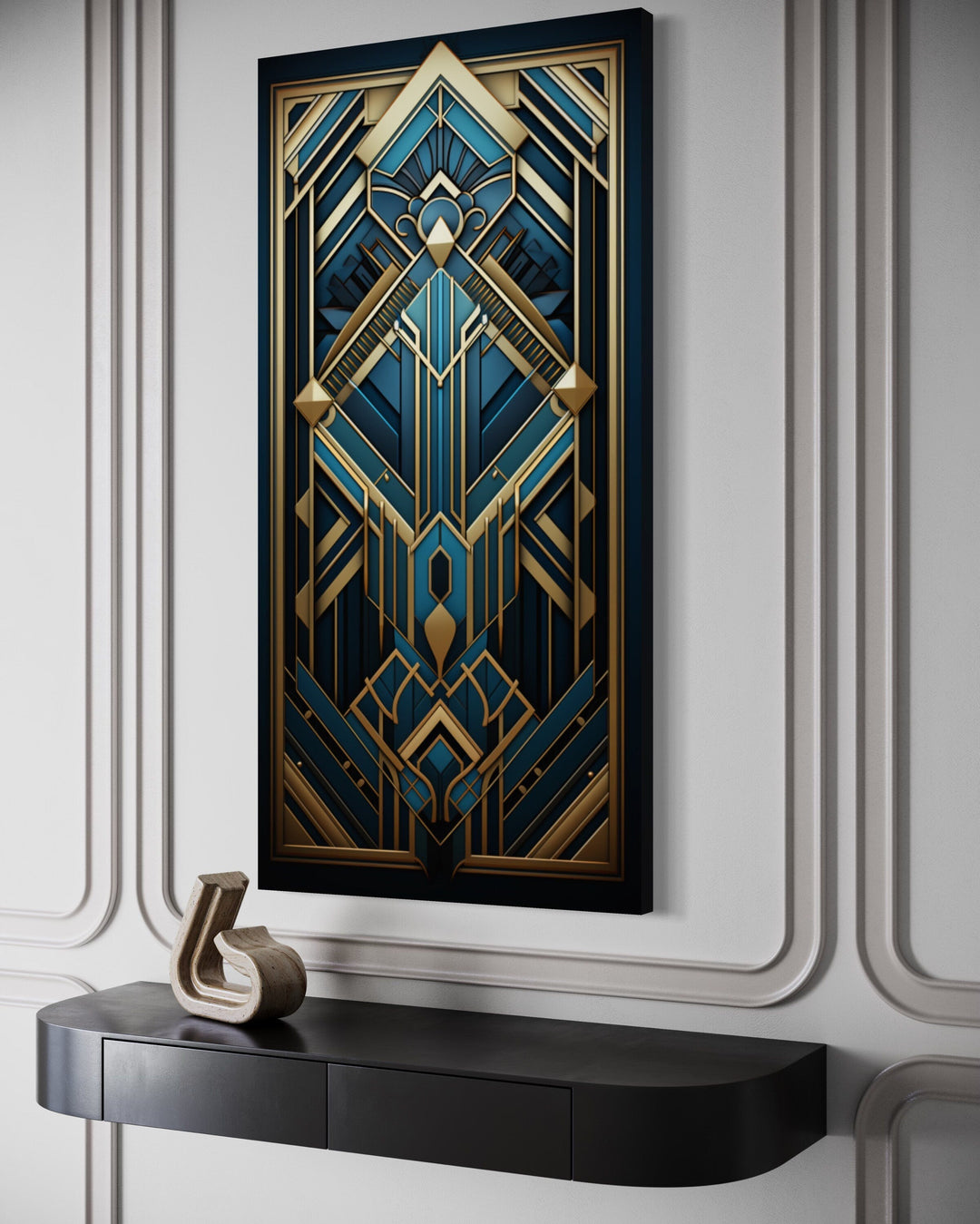 Art Deco Pattern Navy Blue Gold Long Vertical Canvas Wall Art