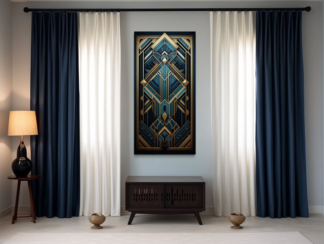 Art Deco Pattern Navy Blue Gold Long Vertical Canvas Wall Art