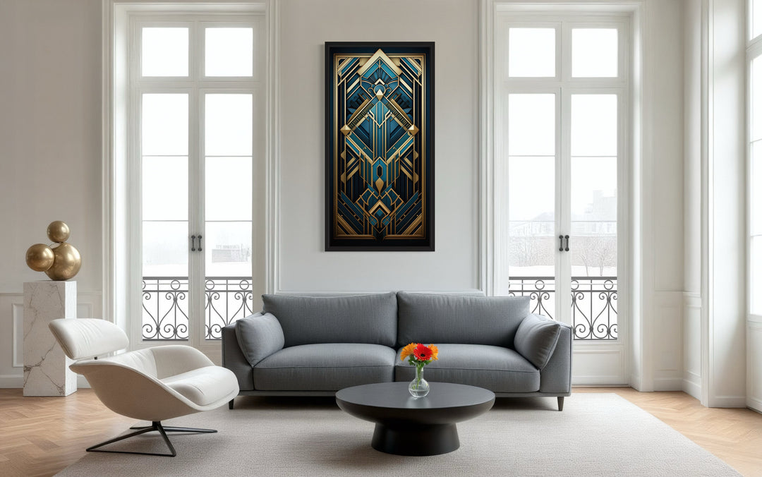 Art Deco Pattern Navy Blue Gold Long Vertical Canvas Wall Art