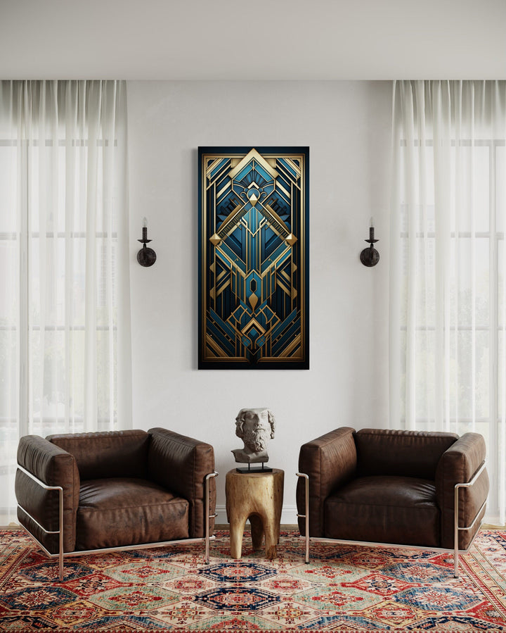 Art Deco Pattern Navy Blue Gold Long Vertical Canvas Wall Art