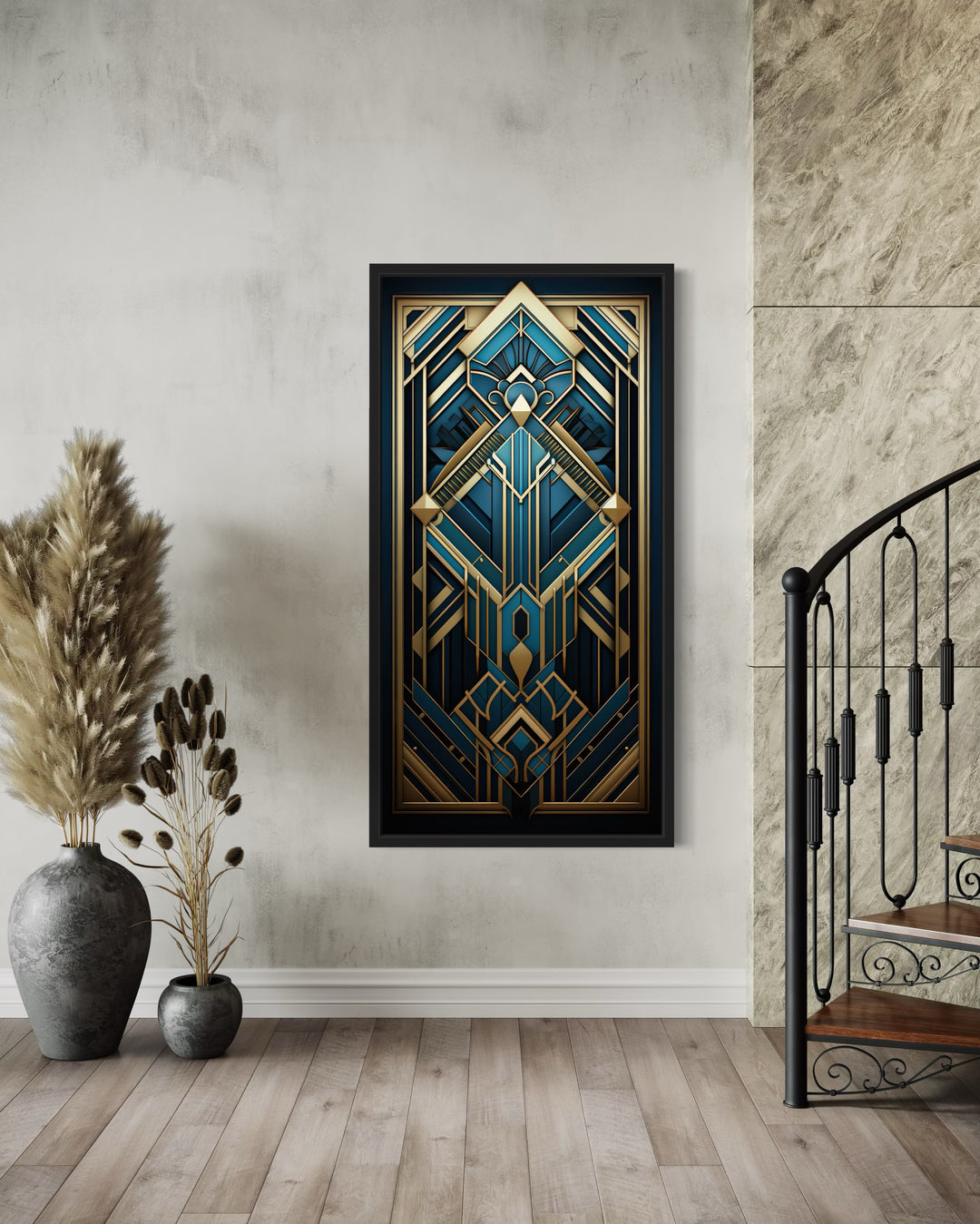 Art Deco Pattern Navy Blue Gold Long Vertical Canvas Wall Art