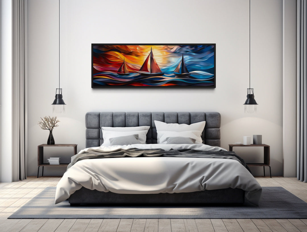 Art Deco Sail Boats Panoramic Framed Canvas Wall Art