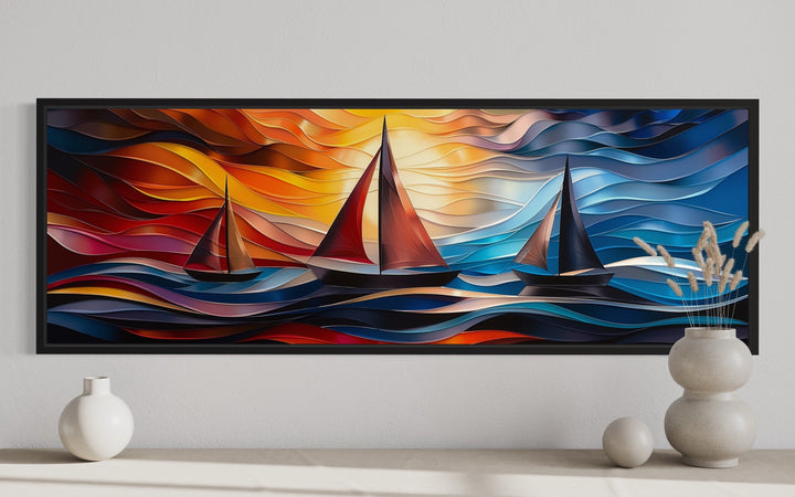 Nautical wall decor - Art Deco Sail Boats Panoramic Framed Canvas Wall Art