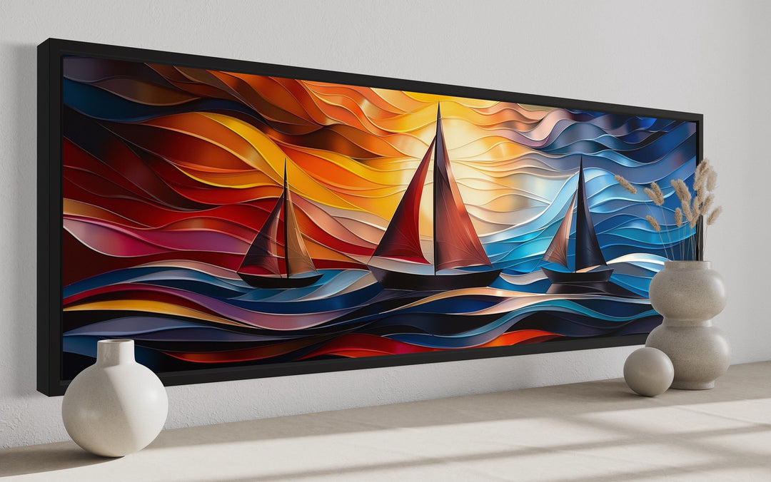 Art Deco Sail Boats Panoramic Framed Canvas Wall Art