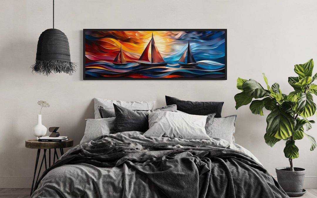 Nautical wall decor - Art Deco Sail Boats Panoramic Framed Canvas Wall Art