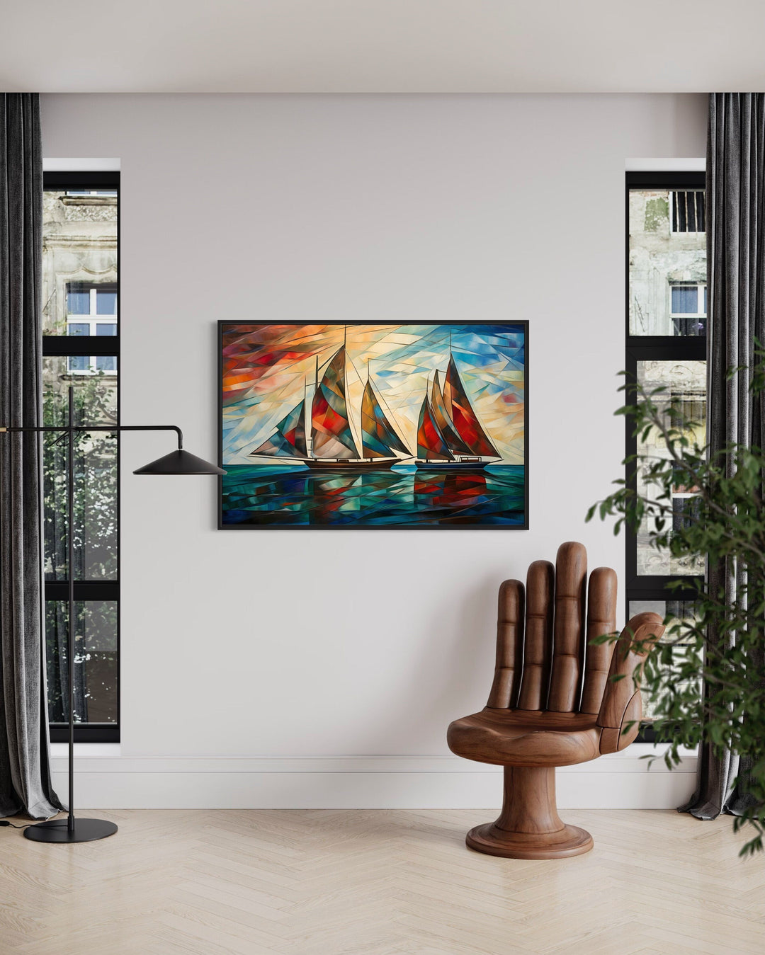 Art Deco Sailboats At Sunset Nautical Framed Canvas Wall Art