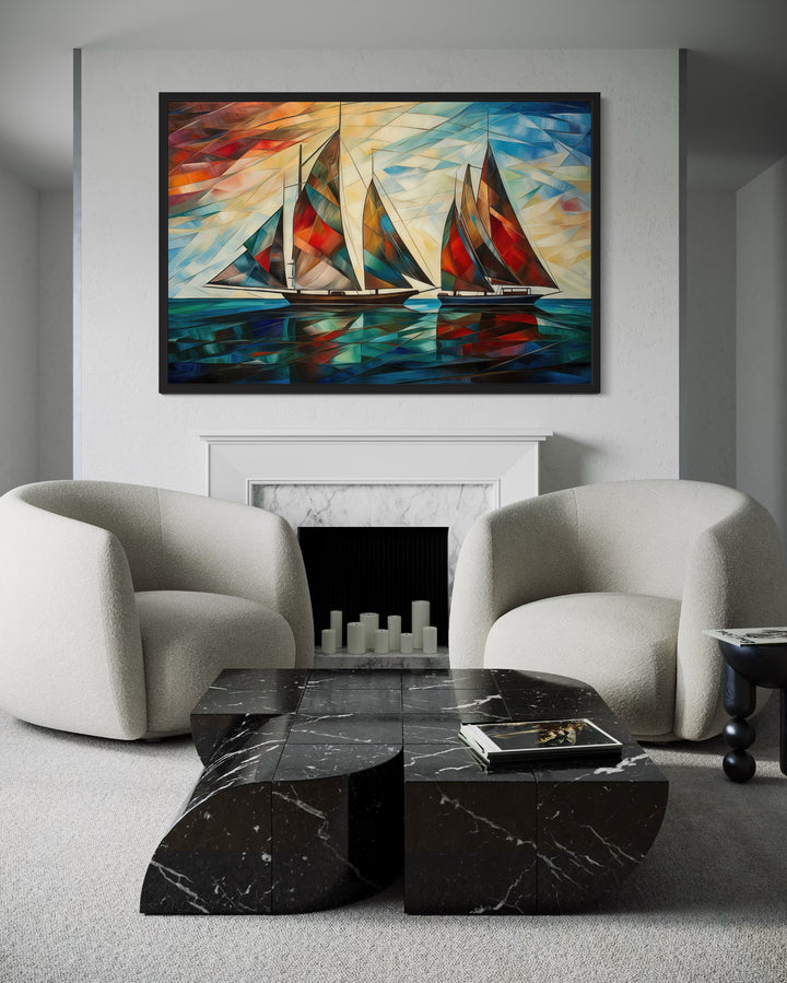 Art Deco Sailboats At Sunset Nautical Framed Canvas Wall Art