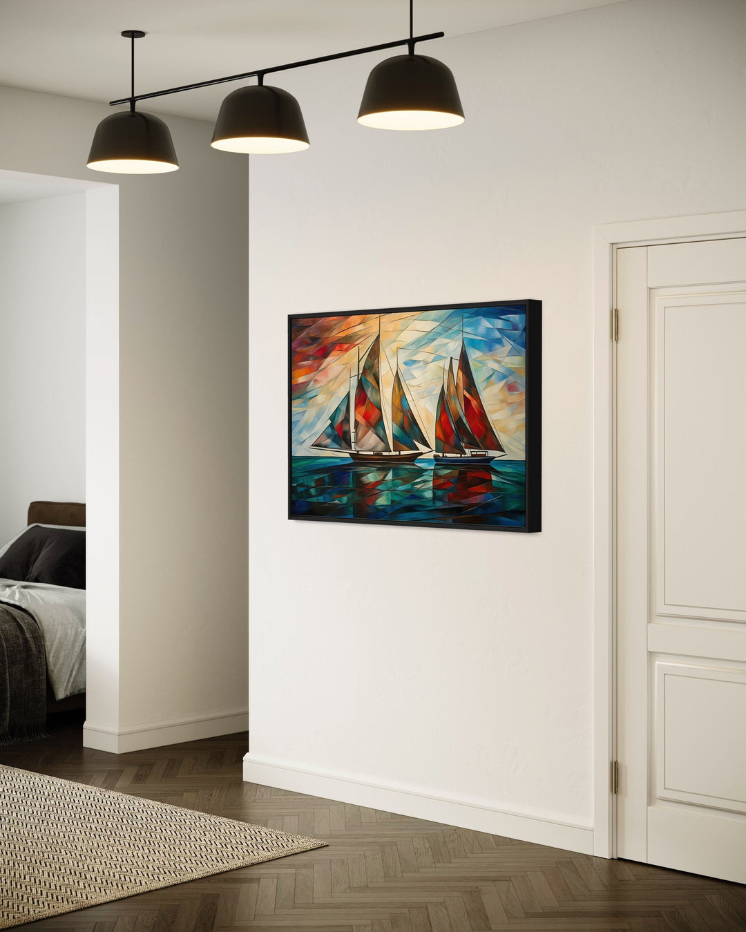 Art Deco Sailboats At Sunset Nautical Framed Canvas Wall Art