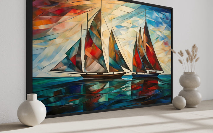 Art Deco Sailboats At Sunset Nautical Framed Canvas Wall Art