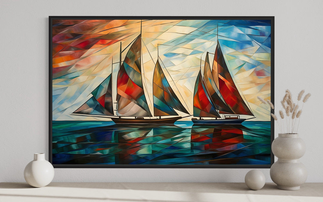 Art Deco Sailboats At Sunset Nautical Framed Canvas Wall Art