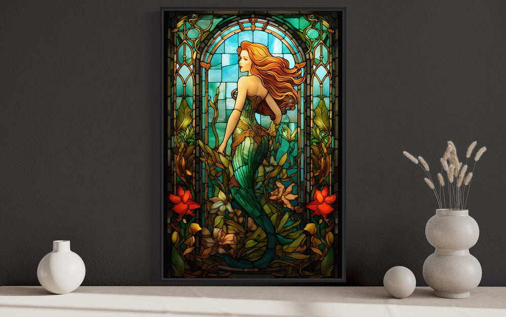 Art Nouveau Mermaid Stained Glass Style Framed Canvas Wall Art